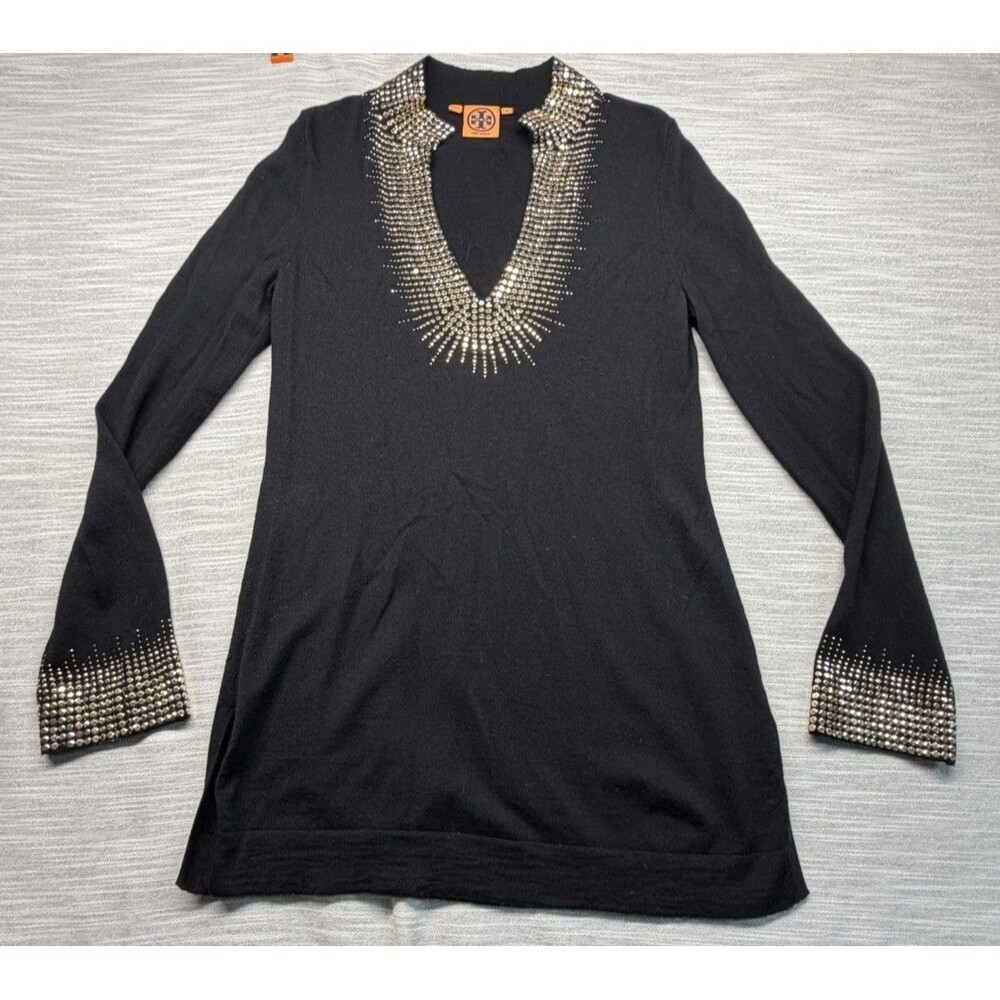 TORY BURCH Beaded Embellished Tunic Sweater M 100% Merino Wool Top Black